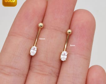 14K Solid Gold Oval Diamond Rook Earring Gold Curved Barbell Ring Gold Navel Piercing Daith Piercing Dainty Eyebrow Ring Gift For Her 16g