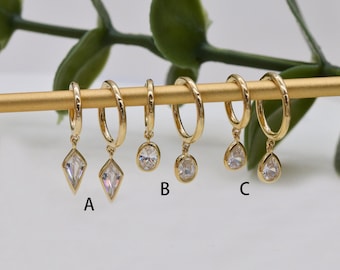 14K Solid Gold Dangle Charm Hoop Earring Dainty Drop Earring Dangle Rhombus Oval Dangling Charm Clicker Dangle Earring Cartilage Hoop 16g