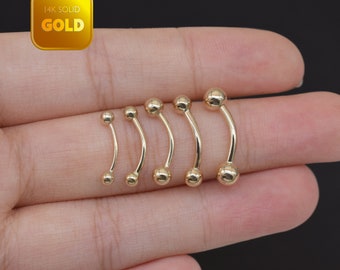 14k Solid Gold Bauchnabel Ring Nabel Piercing Rund Zwei Kugeln Stab Glocke Eingefädelt Stab Glocke Turm Piercing Augenbrauen Piercing 18g 16G 14g