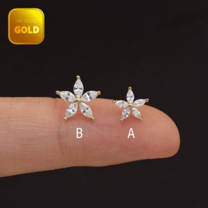 14k Solid Gold Dainty Marquise Flower Stud Earring Helix Conch Piercing Five Cz Diamond Flower Petals Stud Earrings Flat Back Earring 20g