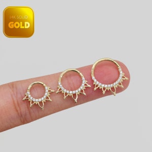 14k Solid Gold Cartilage Lotus Flower Clicker Septum Hoop Ring Gold Nose Ring Helix Daith Piercing Flower Petal Hinged Segment Clicker 16g