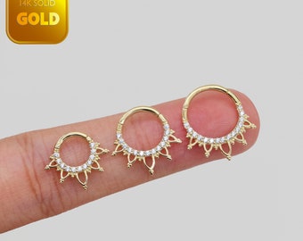 14k oro sólido cartílago flor de loto Clicker Septum aro anillo oro nariz anillo hélice Daith piercing flor pétalo segmento con bisagras Clicker 16g