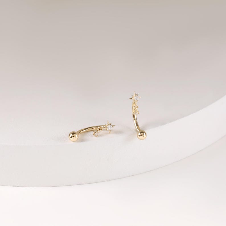 Faux Rook Dangle 14K Solid Gold Starburst Dangle Rook Piercing Dainty Celestial Star ...