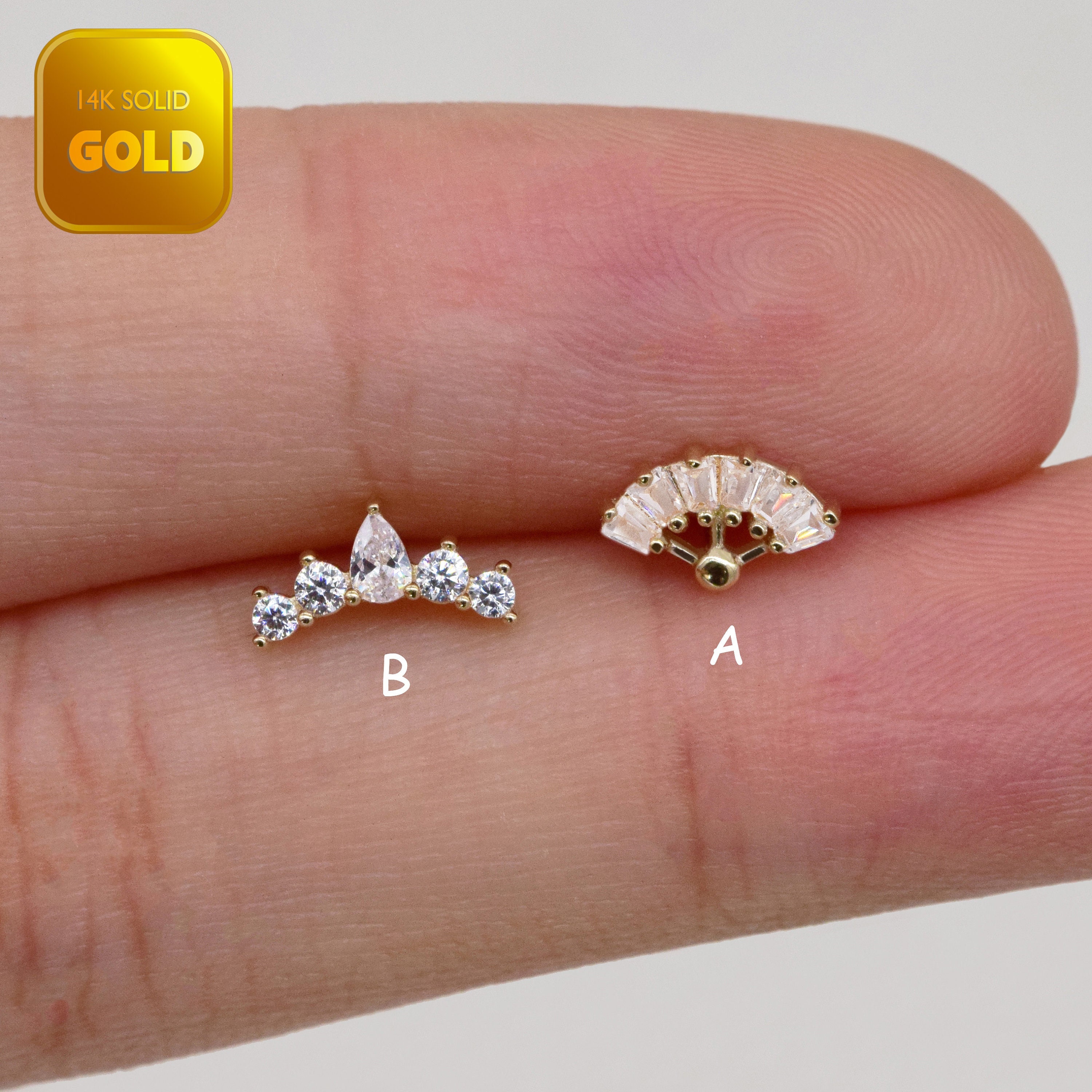 Piercing Tragus en forme d'éventail en or massif 14 carats Boucle d'oreille de cartilage minuscule Climer Piercing de conque minimaliste Helix Climber Boucle d'oreille à dos plat 20 g