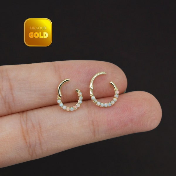 14k Solid Gold Opal Septum Ring Opal Cartilage Tragus Hoop Helix Cartilage Daith Rook Conch Ring Opal Piercing Clicker Jewelry 6/8/10mm 16g