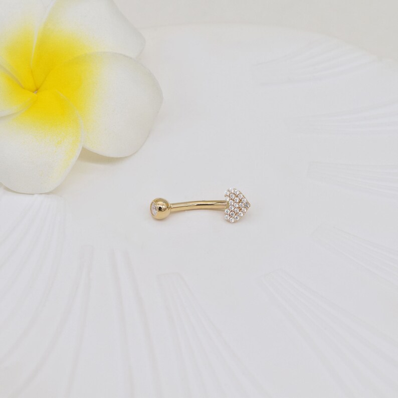 14k Solid Gold Heart Shape Belly Button Ring Heart Navel Piercing Cz Stone Threaded Navel Gold Belly Ring Barbell Piercing Jewelry 14g image 8