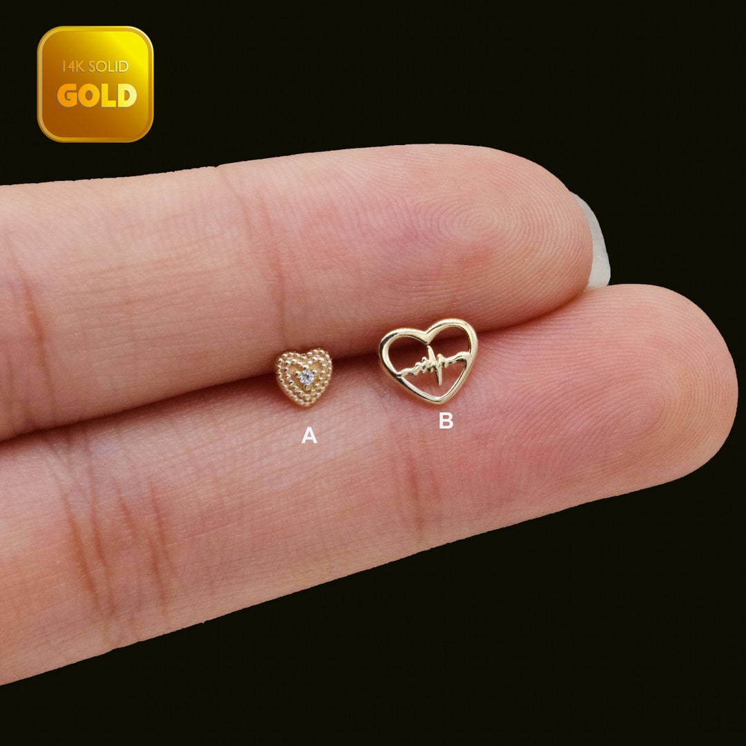 14K Solid Gold Heart Stud Earrings Dainty Cartilage Earrings