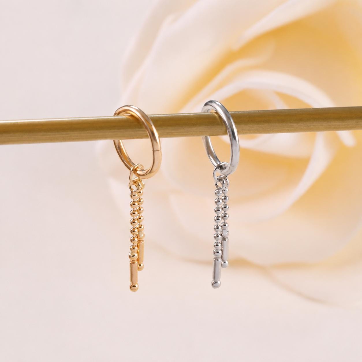 14K Solid Gold Chain Charm Tiny Beaded Earring White Gold Tiny Circle…