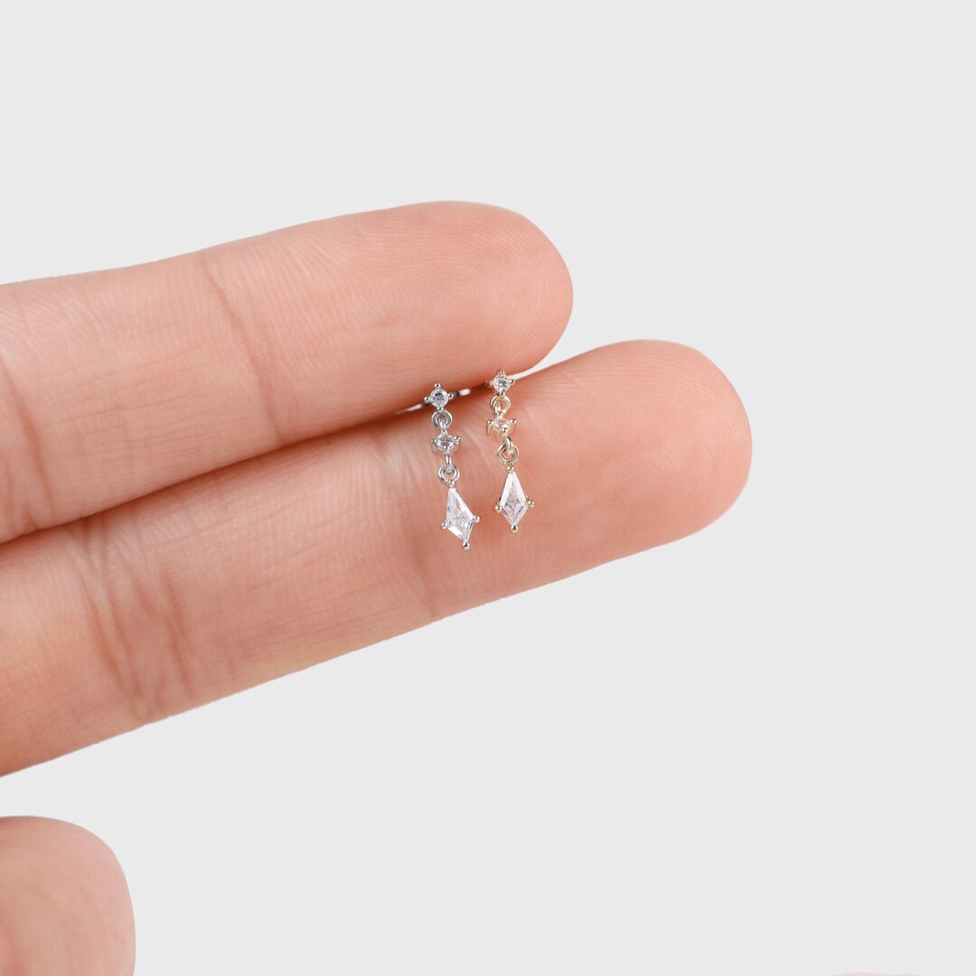 14k Solid Gold Dangle Chain Kite Shape Internally Threaded Stud Earring ...
