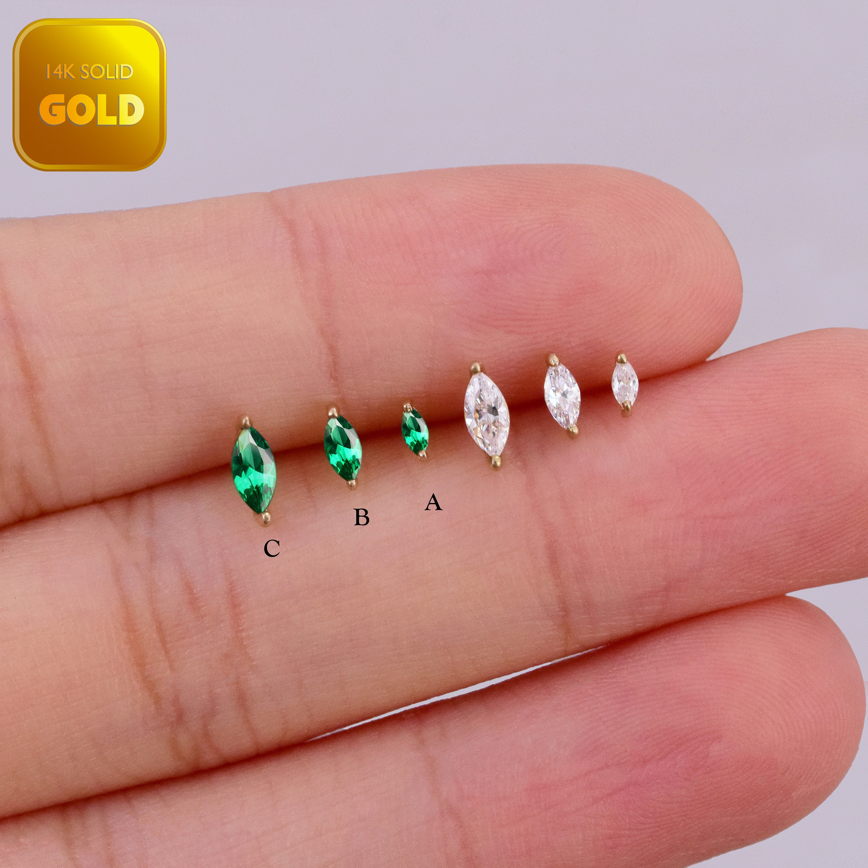 14K Solid Gold Tiny Marquise Cartilage Earring Push In Labret Stud Emerald Conch Earring Helix Stud Tragus Earring Flat Back Earring 20g