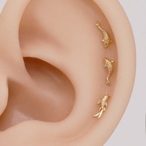 14k Solid Gold Koi Fish Cartilage Earring Tiny Tragus Stud Helix Conch piercing cute stud earring minimalist earrings flat back earring 20g zdjęcie 2