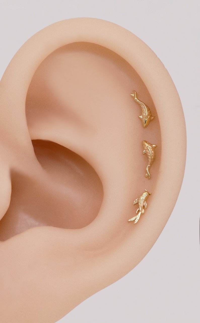 14k Solid Gold Koi Fish Cartilage Earring Tiny Tragus Stud Helix Conch piercing cute stud earring minimalist earrings flat back earring 20g zdjęcie 2