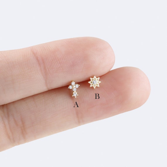 14k Solid Gold Cross Stud, Star Cartilage Earring, Gold Conch Earring, Star Helix Stud, Pave Stud Piercing, Flat Back Earring