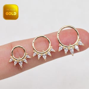 14k Solid Gold Floral Daith Hoop Marquise Septum Ring Gold Helix Clicker Cartilage Hinged Hoop Clicker Daith Piercing Jewelry Gift For Her