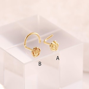 14k ソリッド ゴールド ローズ ノーズ スタッド、小さな L 字型フラワー ノーズ リング、上品なノーズ ピアス、フラワー S 字型ノーズ スタッド 20g