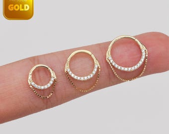 14k Solid Gold Box Chain Cartilage Hoop Earring Single Chain Clikcer Dangle Drop Chain Hoop Ring Helix Clicker Chain Nose Ring Rook Hoop 16g