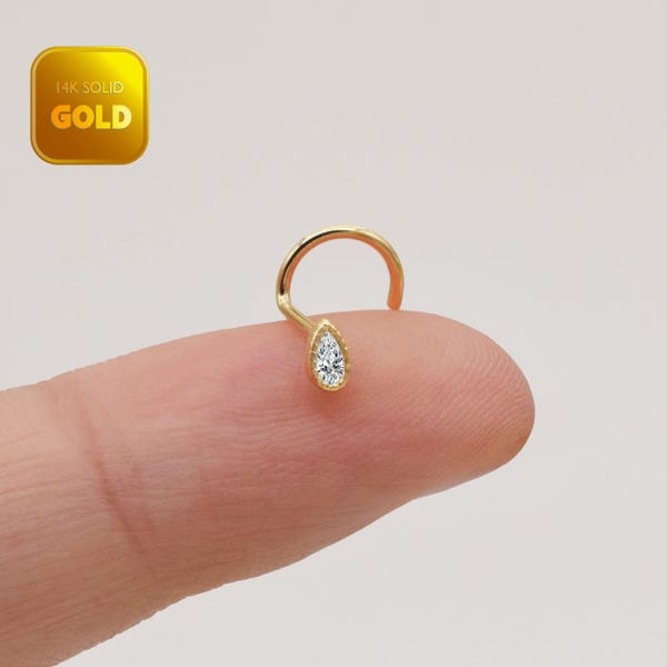 14k Solid Gold Tiny Teardrop Nose Ring Dainty Screw back Nose stud Gold Nose Piercing Teardrop Nose Jewelry Gift For Her 20g