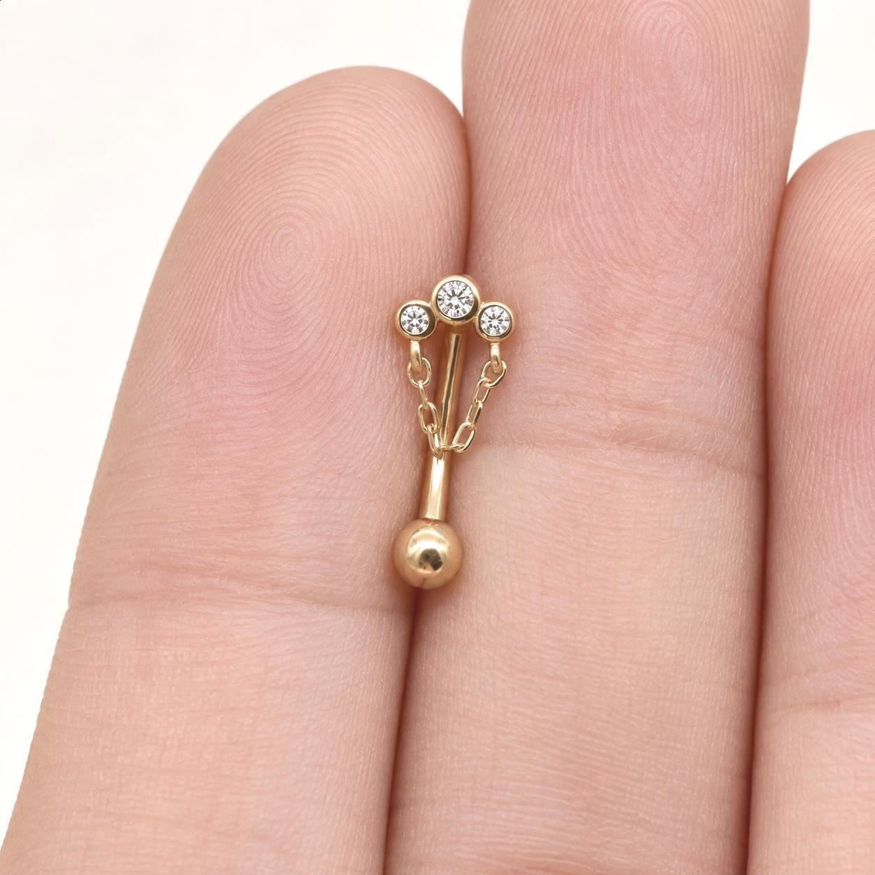 14k Solid Gold 3 Bezel Stone Rook Piercing Daith Piercing Chain Rook Earring Curved Barbell Ring Gold Eyebrow Ring Body Piercing Jewelry