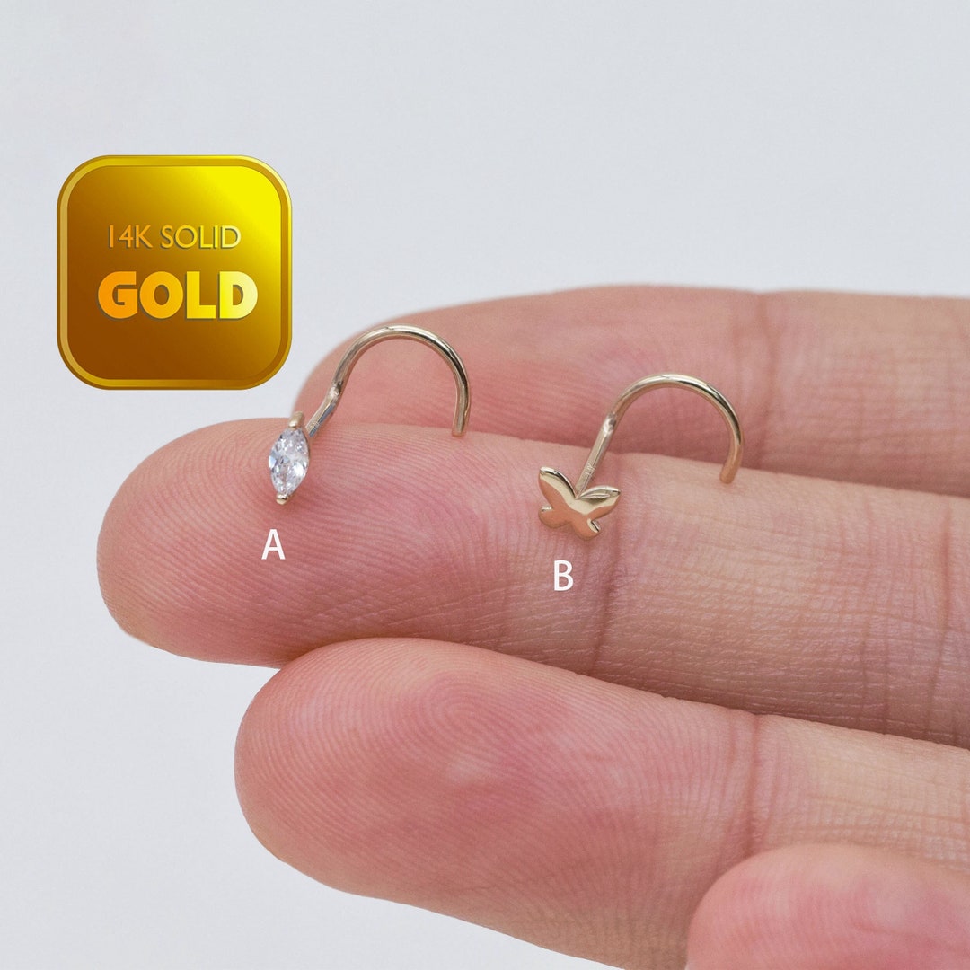 14k Solid Gold Butterfly Nose Ring Marquise Nose Stud Tiny Butterfly