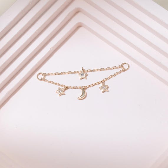 14K Solid Gold Chain Helix Dangle Charm/Moon and Star Double Chain Connector Charm/Dainty Cartilage Nose Lobe Hoop Piercing Charm Jewelry
