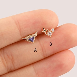 14k massief gouden sprankelende hemelse sterren oorbel sierlijke driehoek blauwe vleugels Helix oorbel conch tragus oorbel platte achterkant oorbel