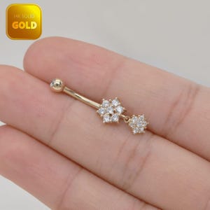 14k ソリッド ゴールド ダングル フラワー へそリング スノーフレーク へそピアス ねじ込み式へそピアス バーベルピアス ジュエリー 彼女へのギフト 14g