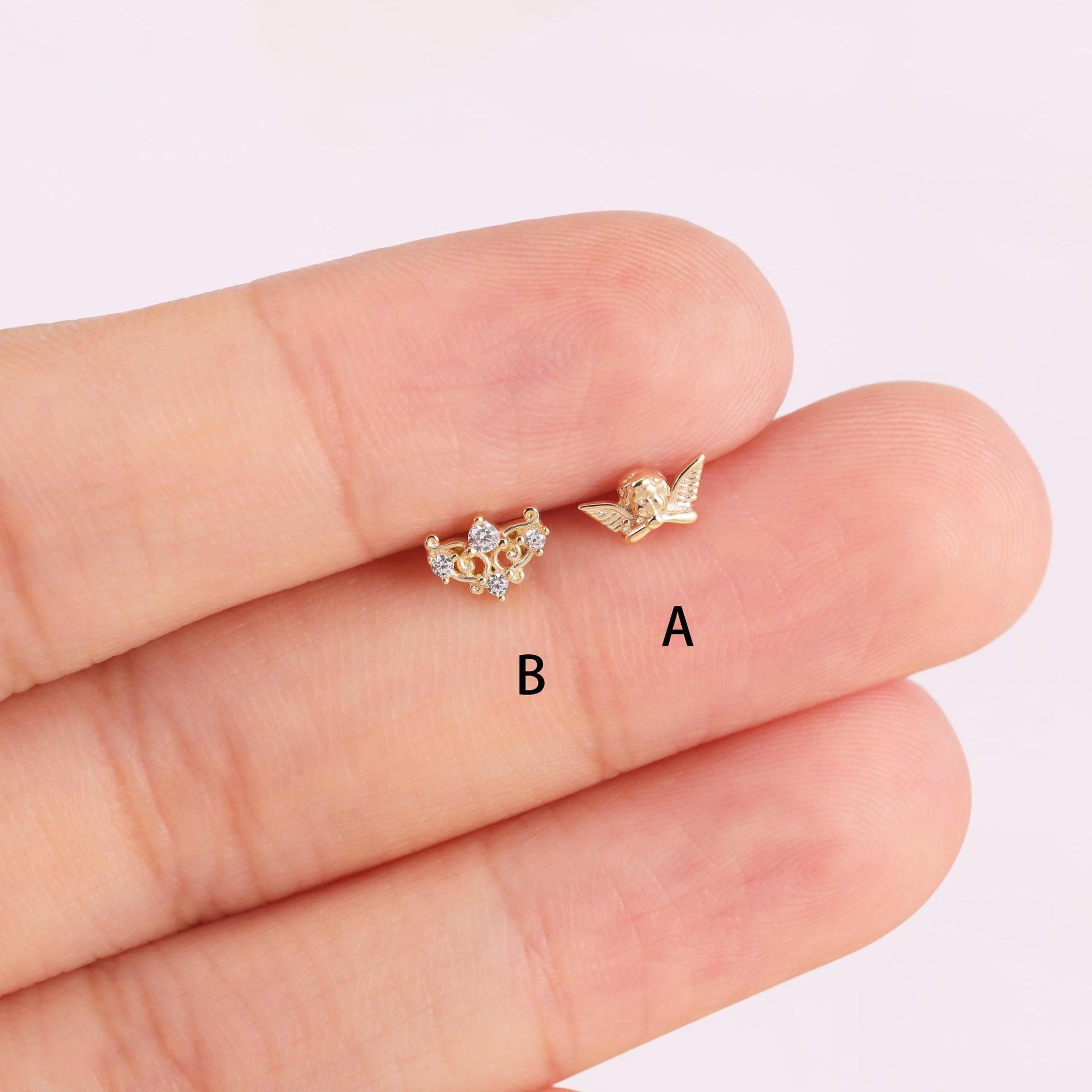 14k Solid Gold Cupid Stud Earring Crown Cartilage Earring Tragus
