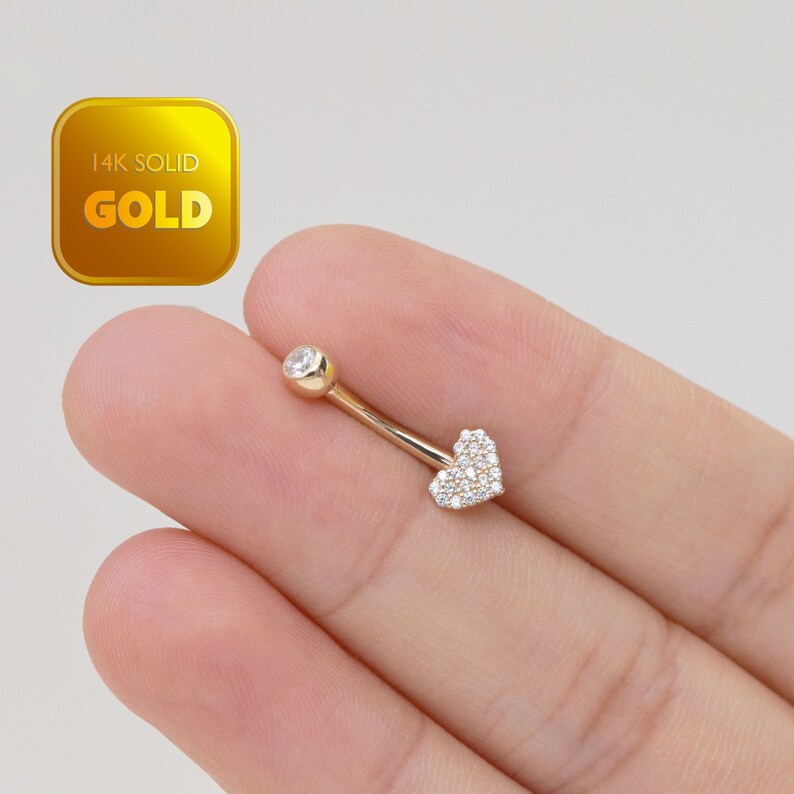14k Solid Gold Heart Shape Belly Button Ring Heart Navel Piercing Cz Stone Threaded Navel Gold Belly Ring Barbell Piercing Jewelry 14g image 1