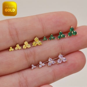 Pendiente de botón con forma de flor de la Trinidad en oro macizo de 14 k, pendiente de flor para cartílago, pendiente de botón para hélice, pendiente de caracola para trago, pendientes con parte trasera plana, regalo para ella, 20 g