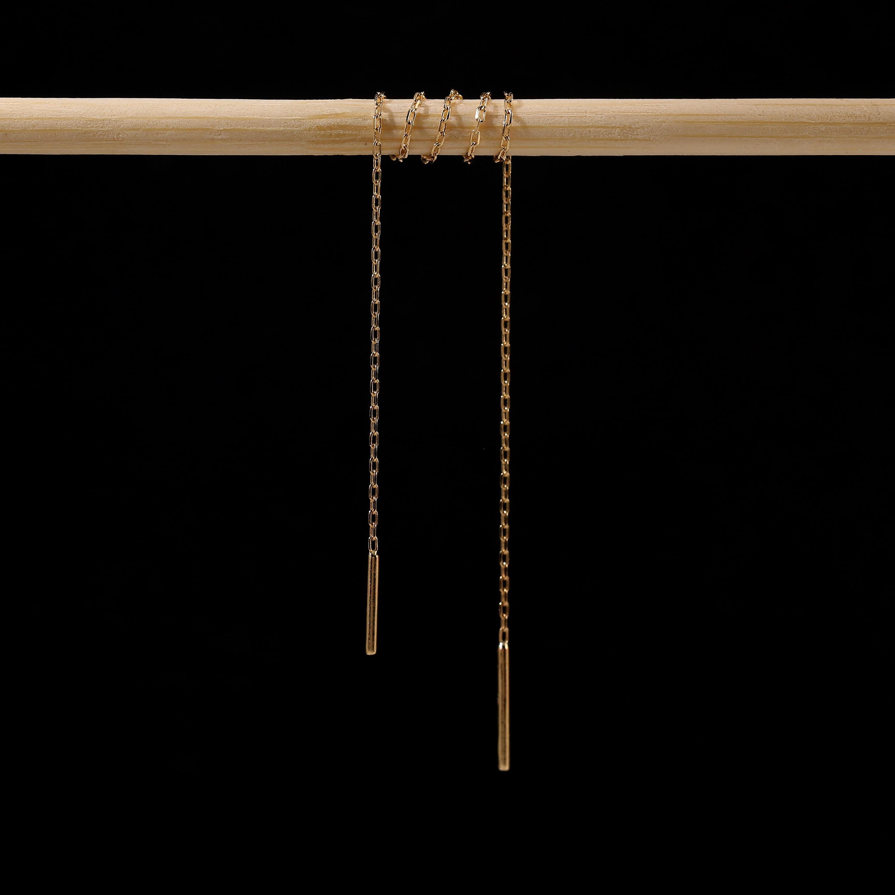 14K Solid Gold Bar & Chain Threader Earring Thread Through Earring ...