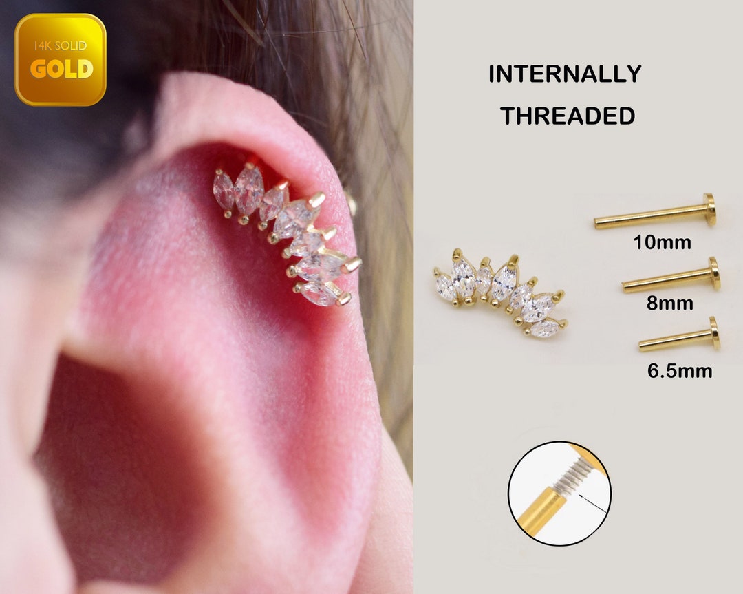 14k Solid Gold Internally Threaded Stud Earring Marquise Climber