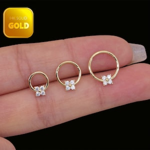 14k Solid Gold Knorpel Blume Hoop Clicker Vier Diamant Clicker Diamant Blume Nasenring CZ Diamant Gold Spetum Hoop Clicker 18g