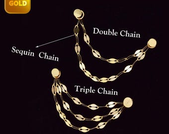 14K Solid Gold Sparkly Double Sequin Double Chain Attachment Triple Chain Piercing Dainty Cartilage Chain Loop Chain Earring Linking Chain