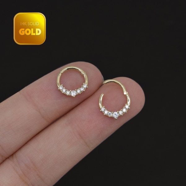 14k Solid Gold Diamond Septum Nose Ring Gold Scharnierende Earring Hoop Drop Shape Daith Tragus Helix Kraakbeen Rook Earrig 16g Cadeau voor haar