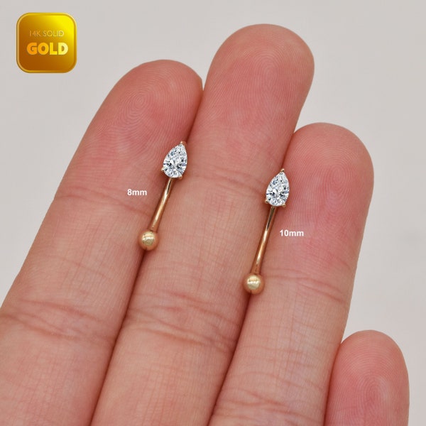 14k Solid Gold Teardrop Rook Piercing Curved Barbell Gold Navel Ring Diamond Belly Button Ring Dainty Rook Earring Gift For Her 16g