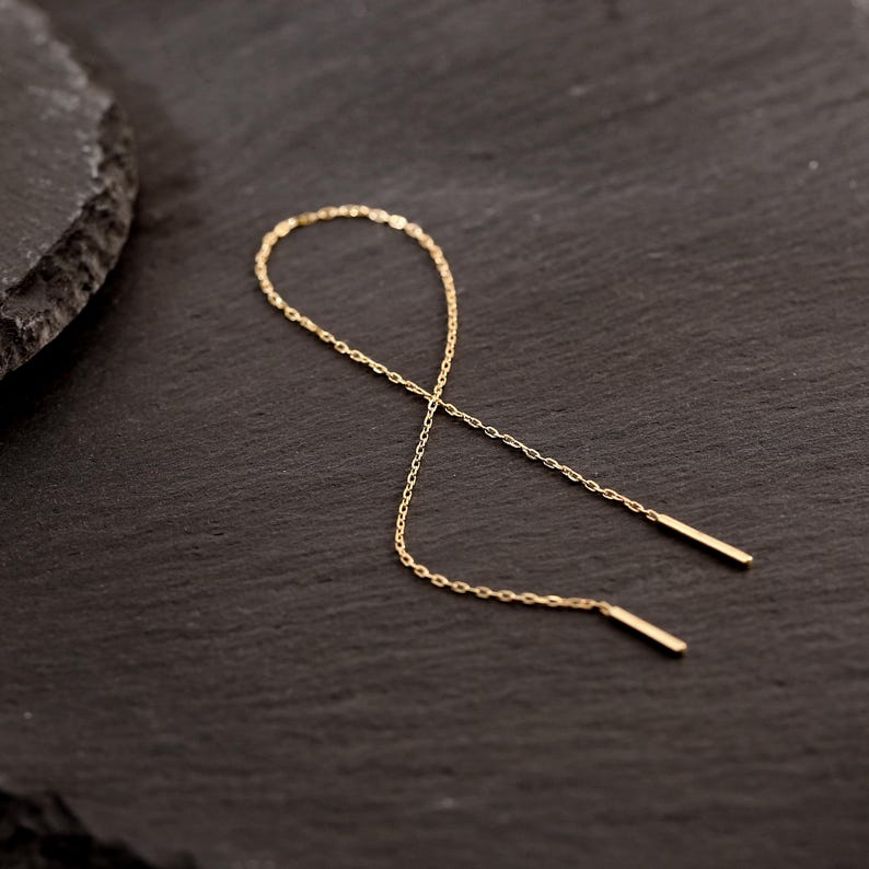 14K Solid Gold Bar & Chain Threader Earring Thread Through Earring ...