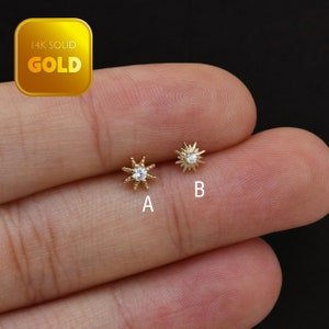 14k Solid Gold Sunburst Stud Earring Dainty Star Cartilage Stud Tiny Conch Stud Helix Stud Tragus Studs Earring Cz Flat Back Earring 20g