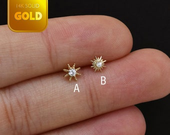 14k Solid Gold Sunburst Stud Earring Dainty Star Cartilage Stud Tiny Conch Stud Helix Stud Tragus Studs Earring Cz Flat Back Earring 20g