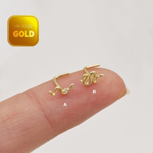 14k Solid Gold Snake Nose Ring Danity Snake Nose Stud L Shape Back Nose Stud Dainty Nose Piercing Nose Piercing Jewelry Gift For Her 20g