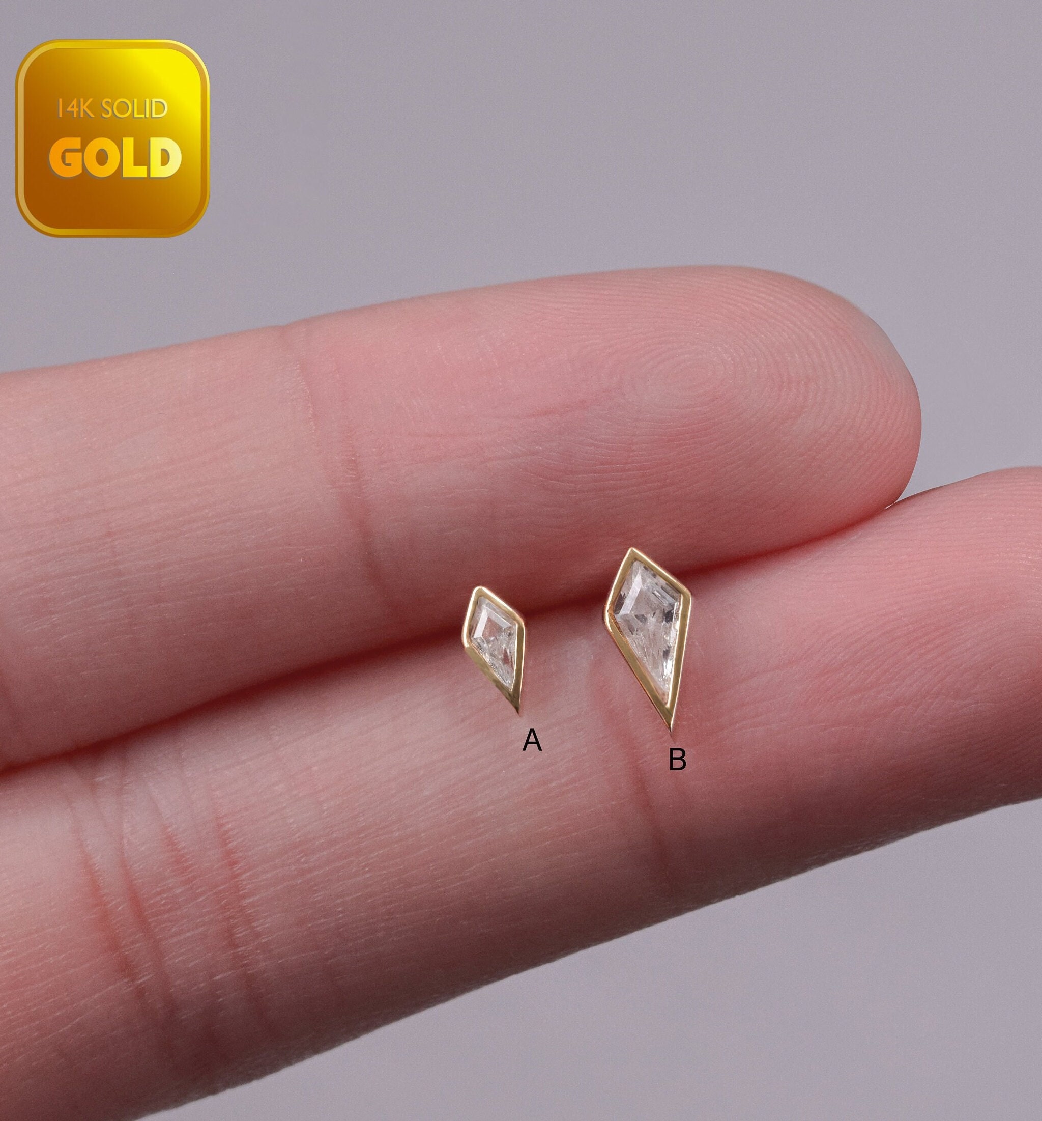 14k Solid Gold Diamond cut Cz Stud Earring Kite Shape Helix Stud Rhombus Cartilage Earring Conch Tragus Earring Bezel Flat Back Earring 20g
