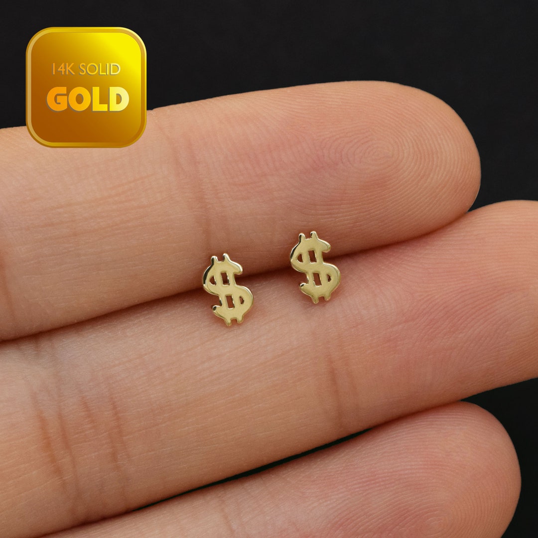 14k Solid Gold Dollar Sign Cartilage Earrings Money Stud Earrings