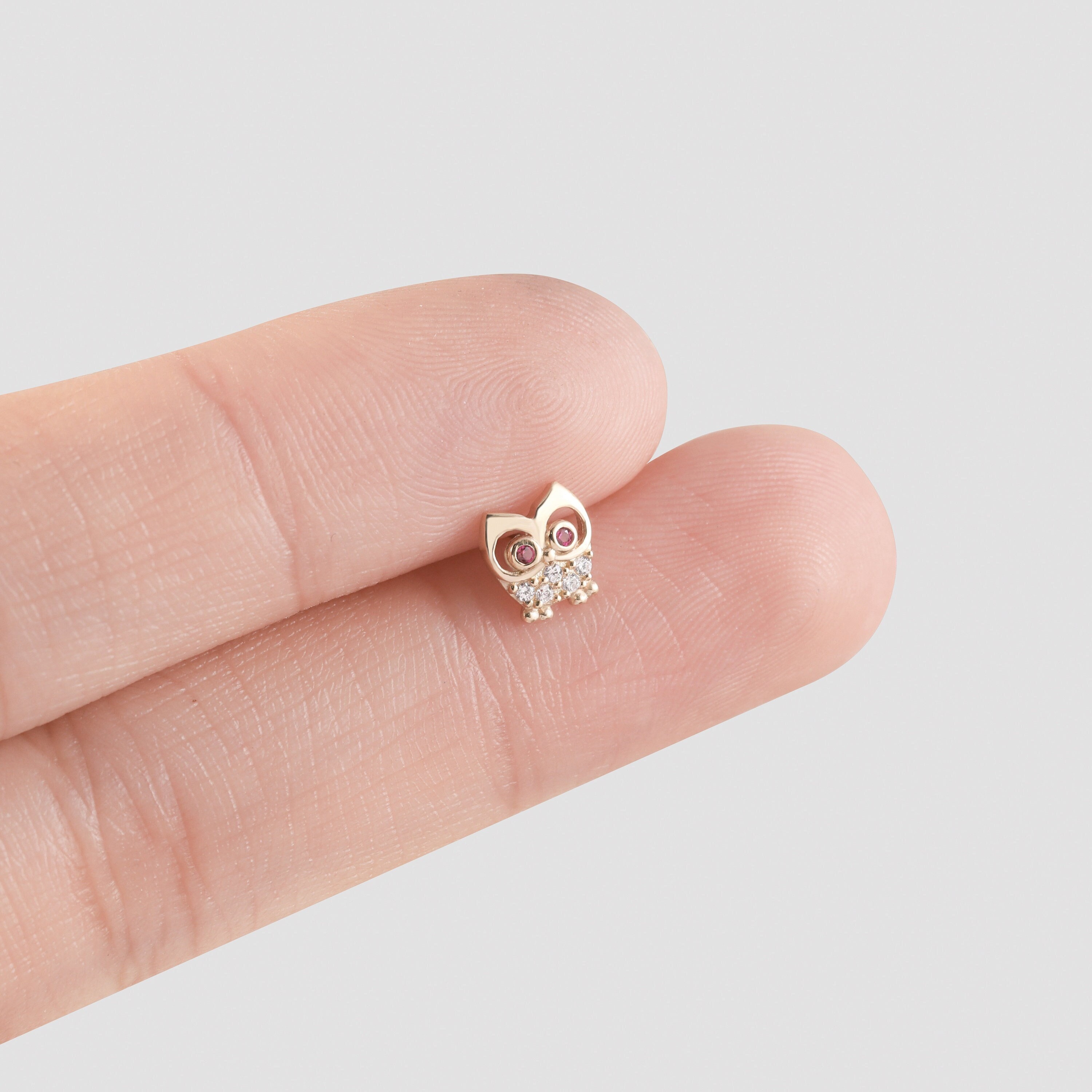14k Solid Gold Owl Stud Earrings Gold Helix Stud Conch Stud Tragus Earring Cute Dainty Cartilage Ear