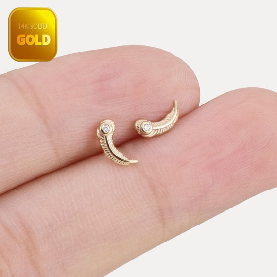 Feather Stud Flat Back Earring- 14K Gold