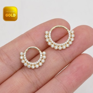 14k Solid Gold Double Row Septum Ring Pave CZ Daith Hoop Cartilage Hinged Hoop Earring Nose Ring Helix Earring Conch Hoop Tragus Clicker 16g