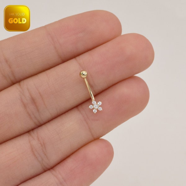 14k Solid Gold Flower Rook Earring Gold Rook Piercing Eyebrow Ring Barbell Belly Button Flower Ring Navel Ring Gift For Her 16g Gfit For Her