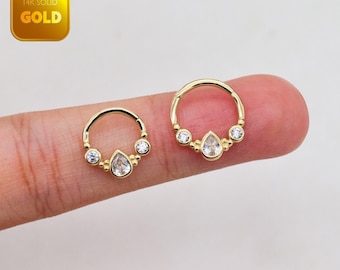 14k Solid Gold Teardrop Bezel Hoop Piercing Bendable Septum Hoop Nose Ring Gold Cartilage Clicker Daith Helix Hoop Nose Piercing 16g