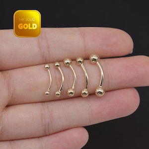 14k Solid Gold Belly Button Ring Navel Piercing Round Two balls Bar bell Threaded Bar bell Rook Piercing Eyebrow Piercing 18g 16G 14g image 1