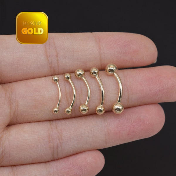 Bauchnabelpiercing aus 14 Karat massivem Gold, rund, zwei Kugeln, Stabglocke, Gewindestab, Rook-Piercing, Augenbrauenpiercing, 18 g, 16 g, 14 g
