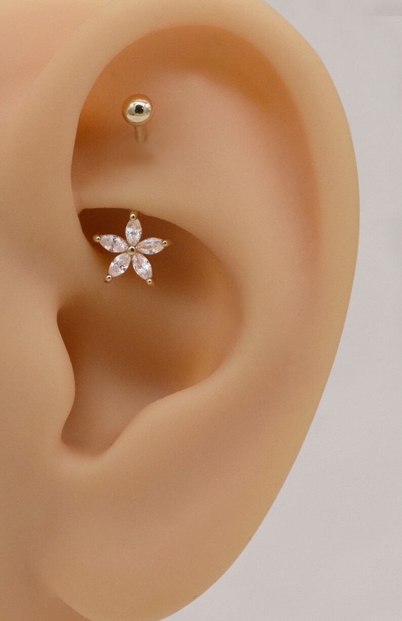 14k Or Massif Fleur Rook Boucle D'oreille Cinq Pétales Boucle D'oreille Piercing Or Nombril Piercing CZ Nombril Anneau Nombril Anneau Cadeau Pour Elle 16g image 2