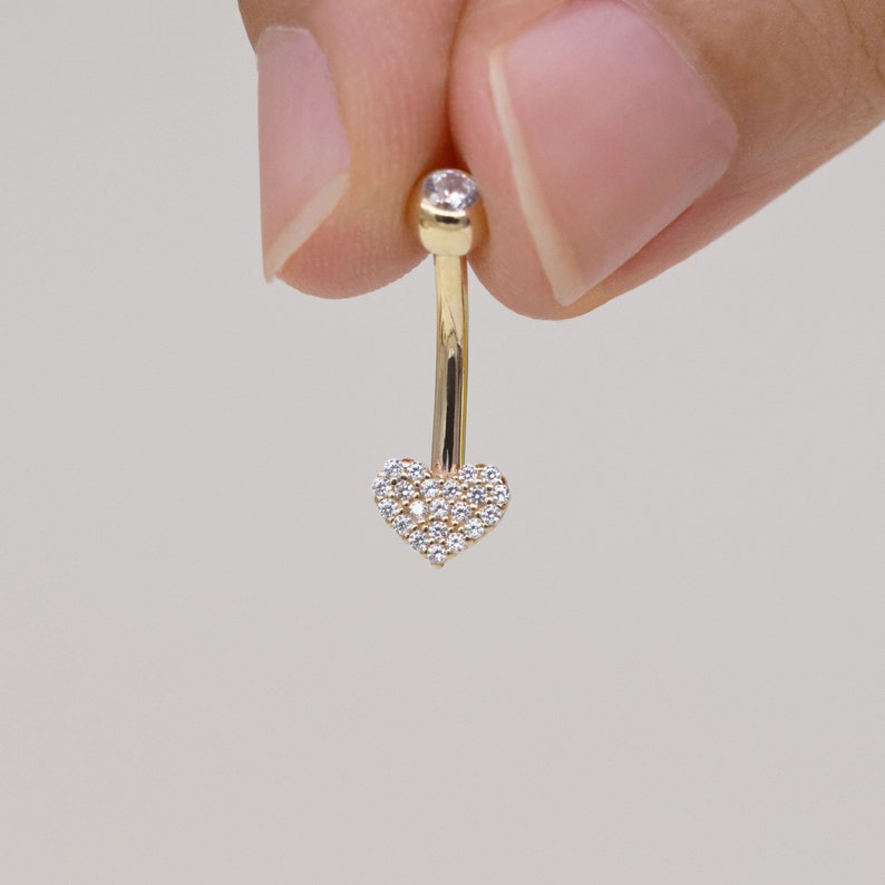 14k Solid Gold Heart Shape Belly Button Ring Heart Navel Piercing Cz Stone Threaded Navel Gold Belly Ring Barbell Piercing Jewelry 14g image 5